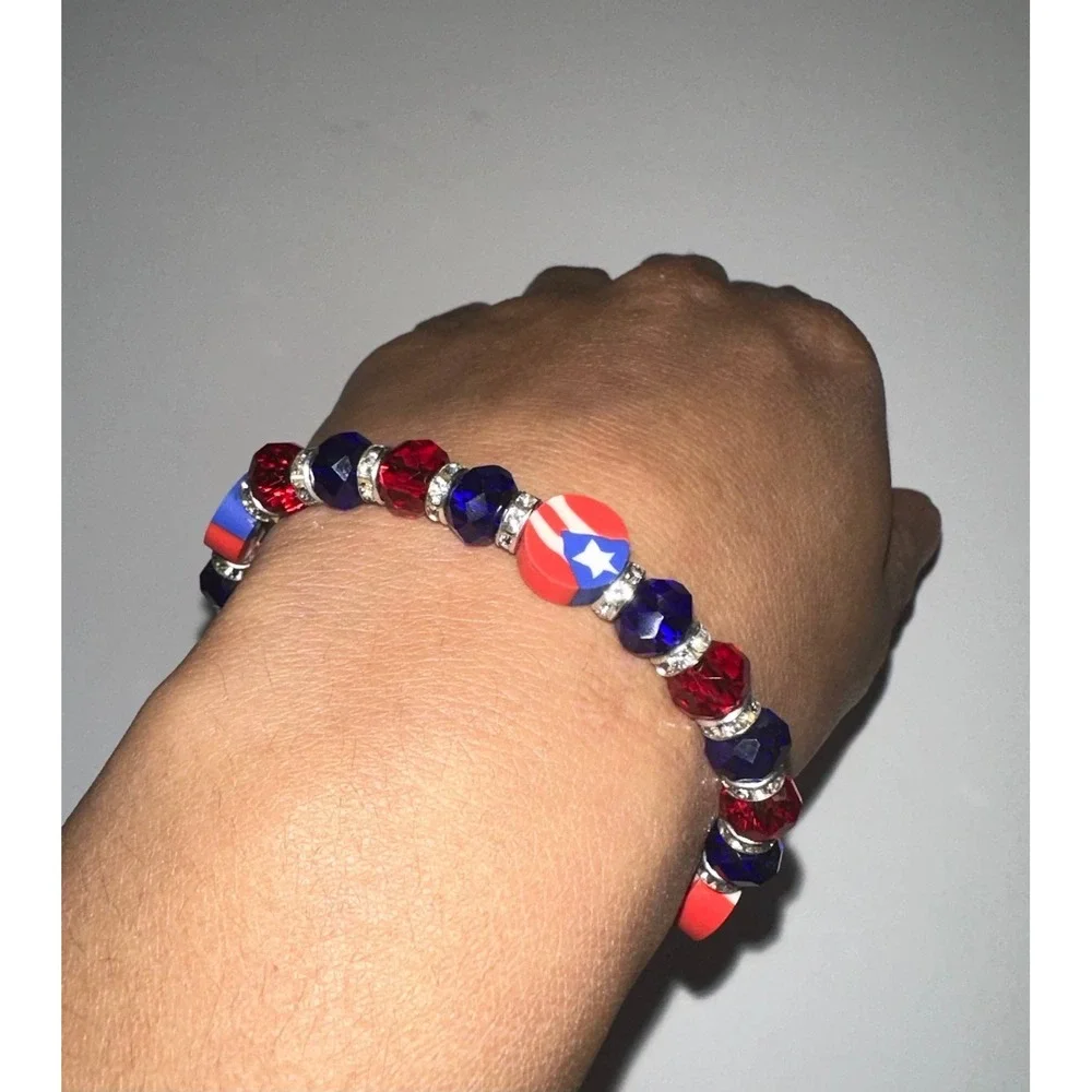Puerto Rico Flag Beaded Elastic Stretch Bracelet Red Blue Bangle Jewelry